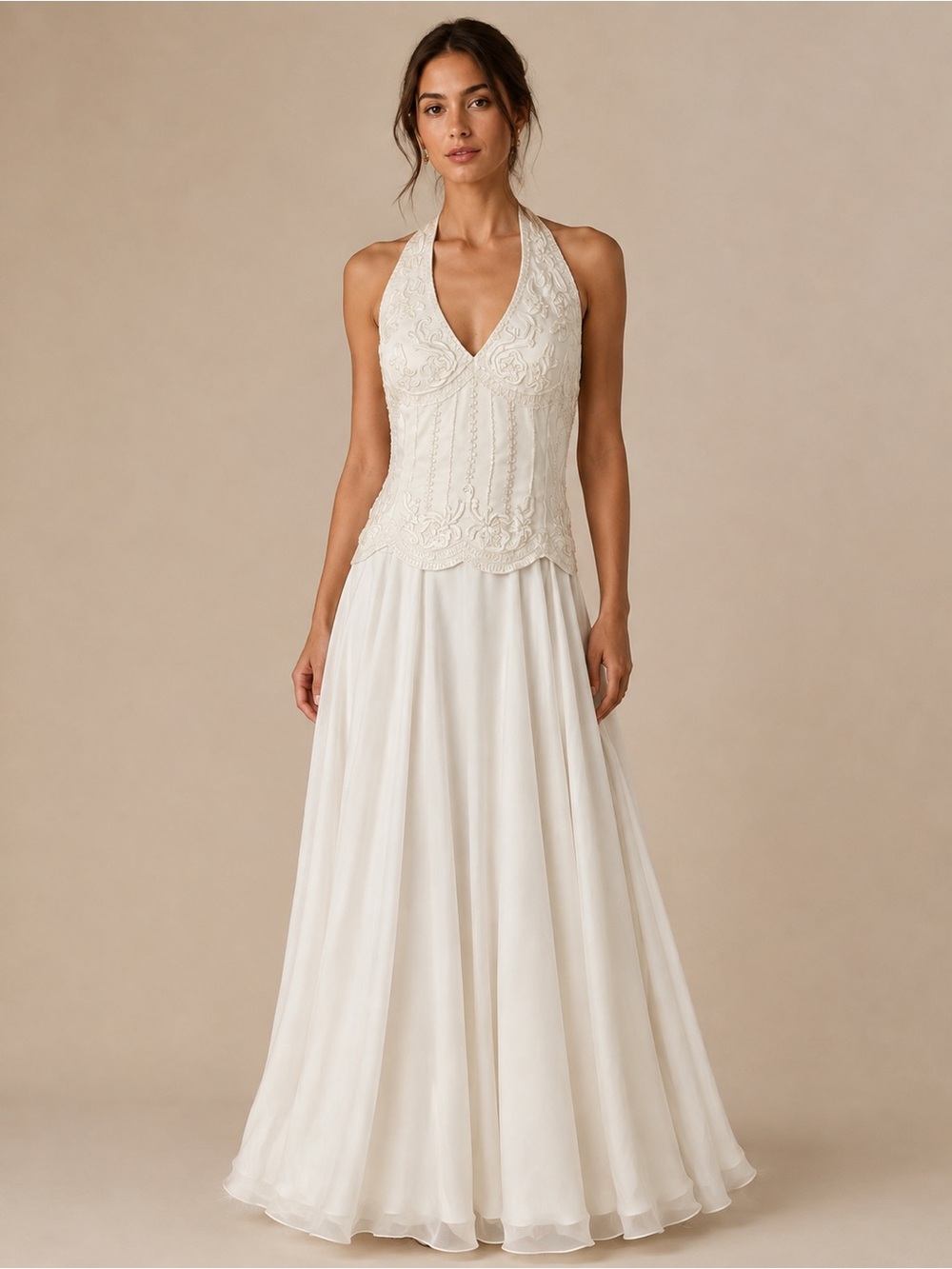Vintage 90s Scala Beaded Wedding Dress, Halter Bridal Gown, and Boho Chiffon